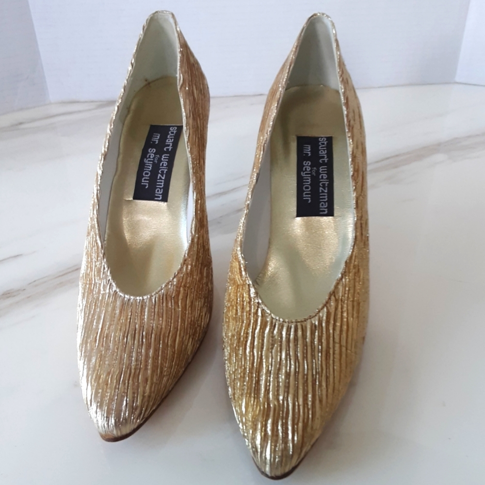STUART WEITZMAN for MR SEYMOUR GOLD METALLIC FABRIC PUMPS 7W - Picture 3 of 7